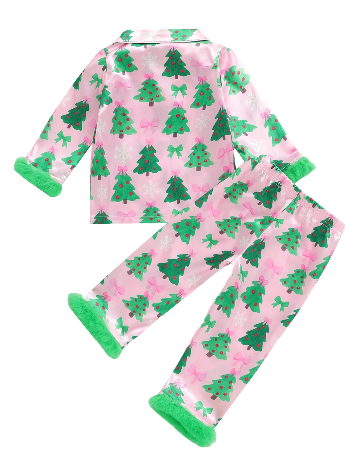 Kids Girls Christmas Satin Pyjamas Set - Tree Print Button Down Top & Pants (0-7Y)