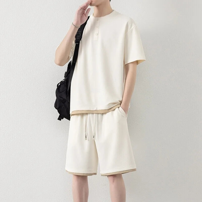 Men's Summer Sports Sets Short Sleeve Round-Neck T-Shirt Elastic Waist Short Set