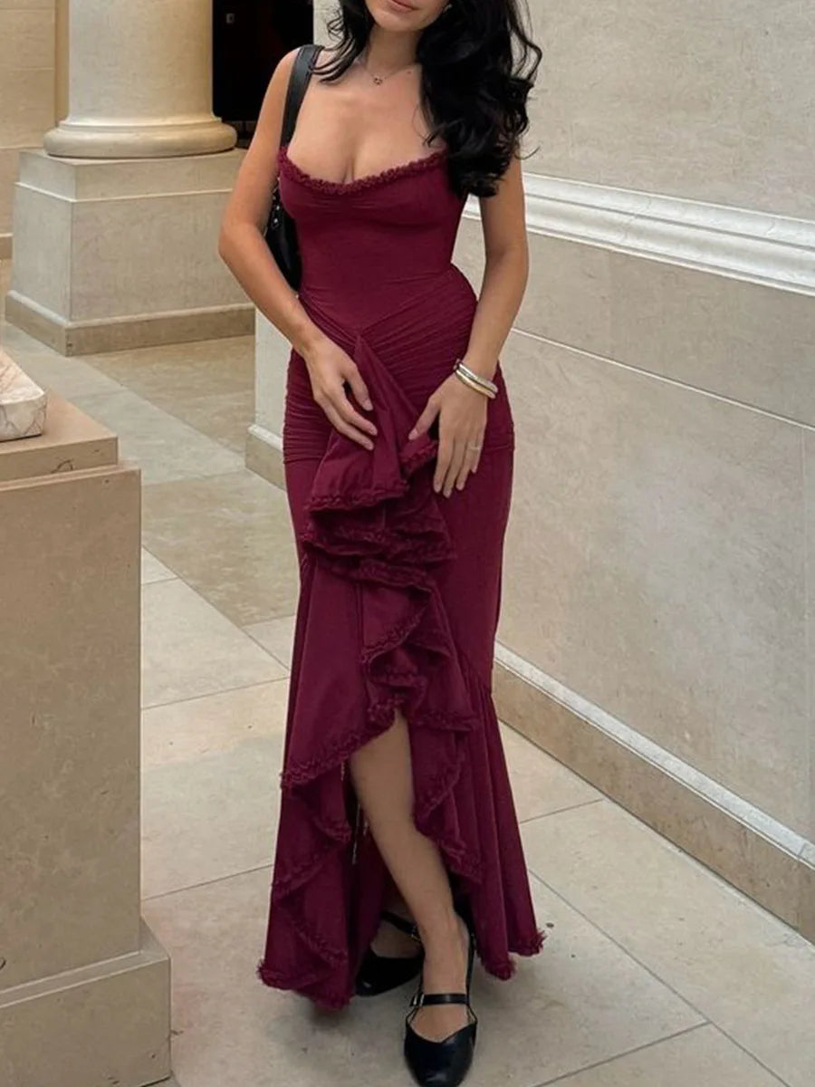 Women's Sheer Mesh Ruffled Front Gown Elegant Draped Prom Cocktail Maxi Dress Solid Fairy Ruched Slip Dress