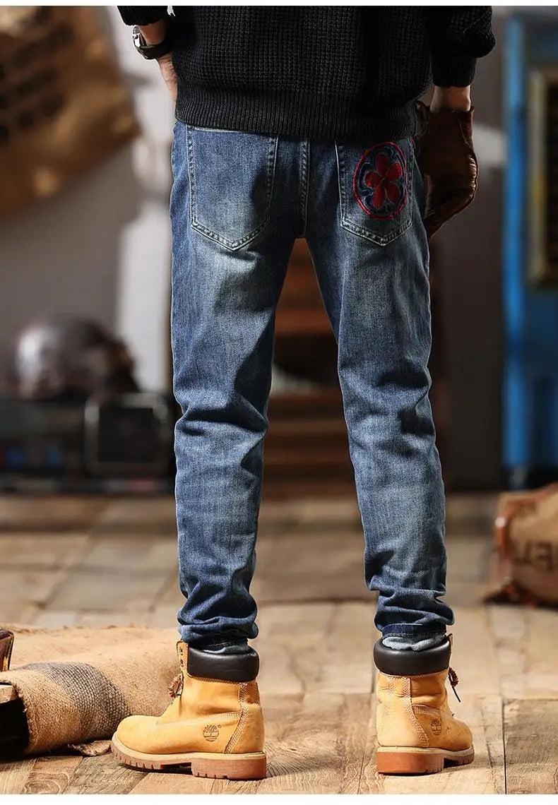 Men's Chinese Embroidered Slim Jeans - Elastic Fit