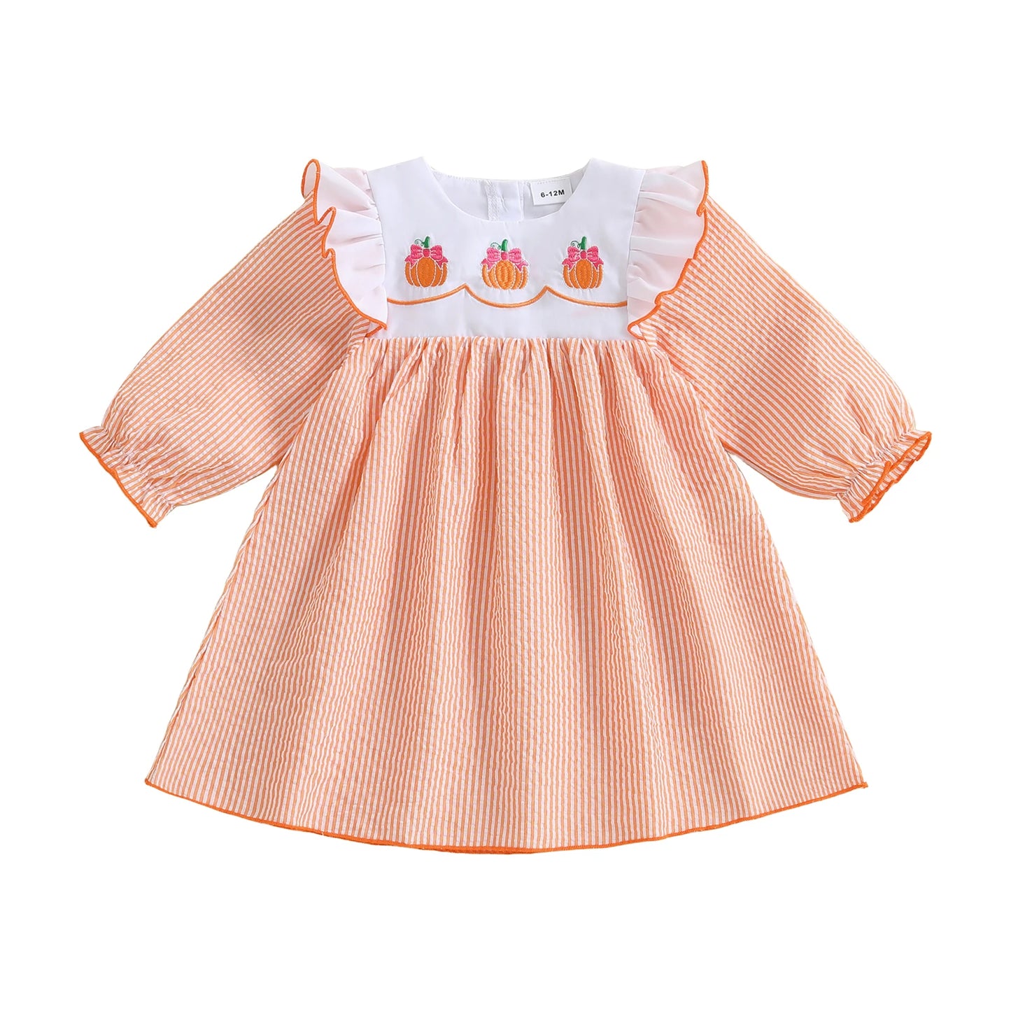 Toddler Girls Halloween Dress - Pumpkin/Ghost Embroidered Ruffle Long Sleeve Striped A-Line Dress