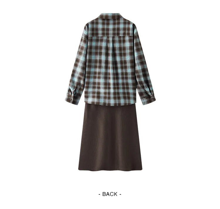 U-Neck Vest Dress & Checkered Shirt Set - Vintage Two Piece Autumn Outfit