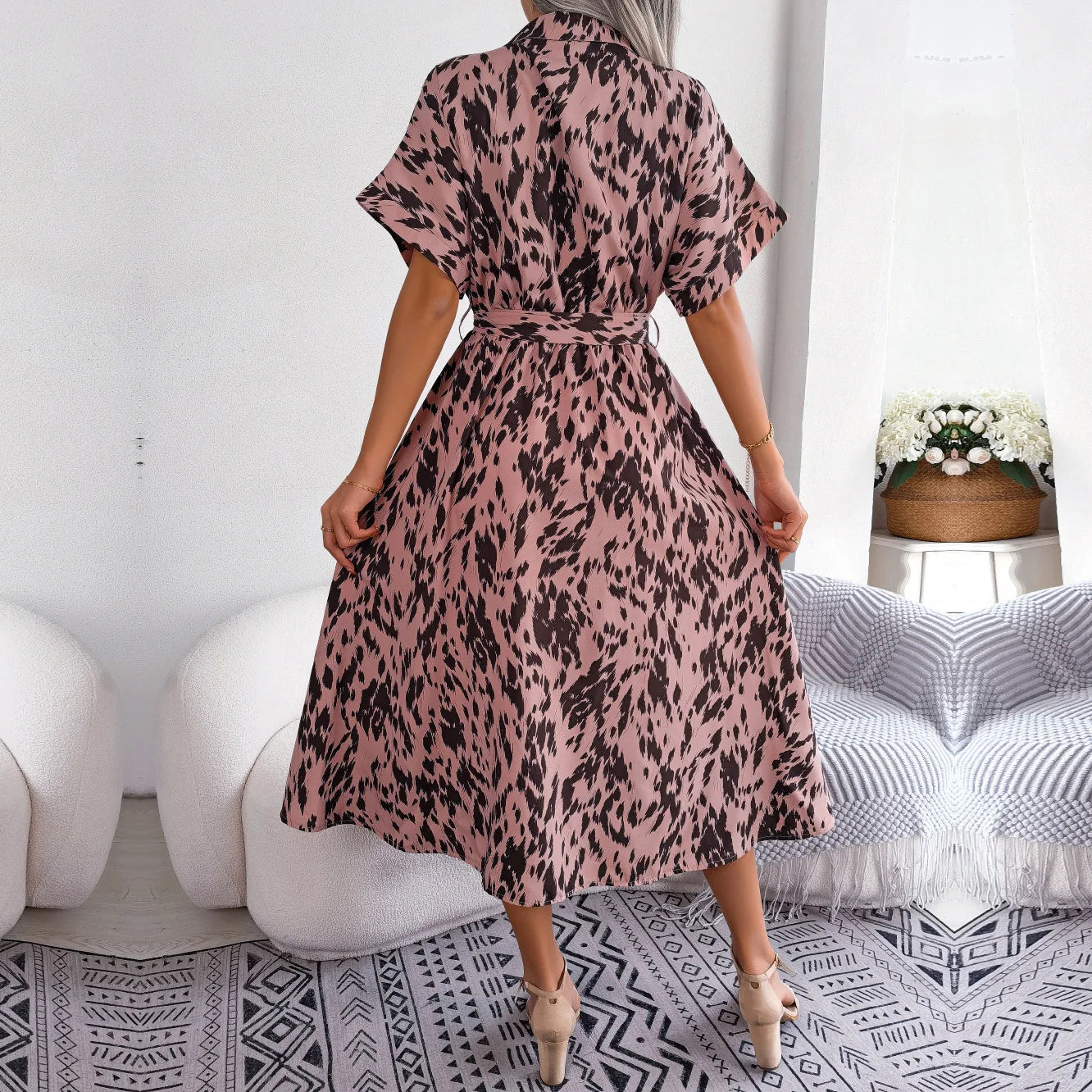 Women's Summer Casual Loose Leopard Lace Up Shirt Chic Dress