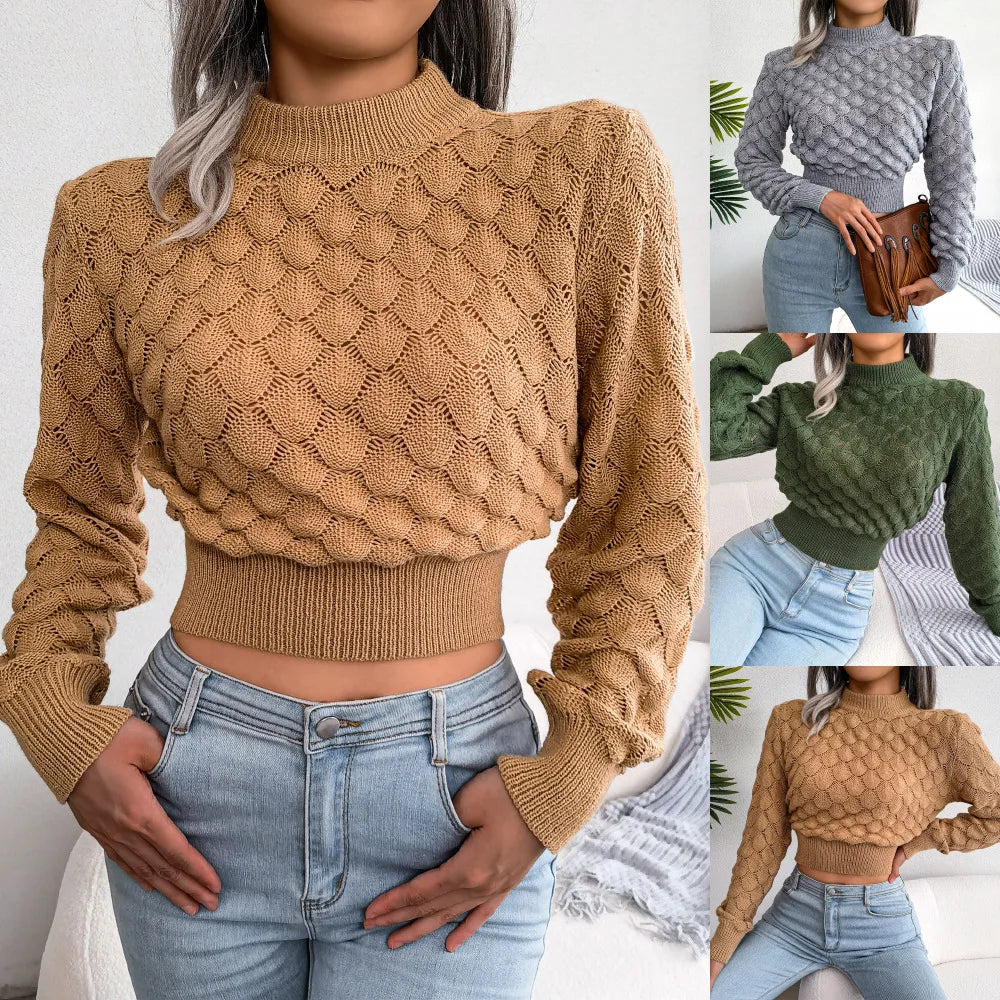 Women's Fall Winter 3D Diamond Cutout Long Sleeve Solid Color Chic Crop Knit Sweater