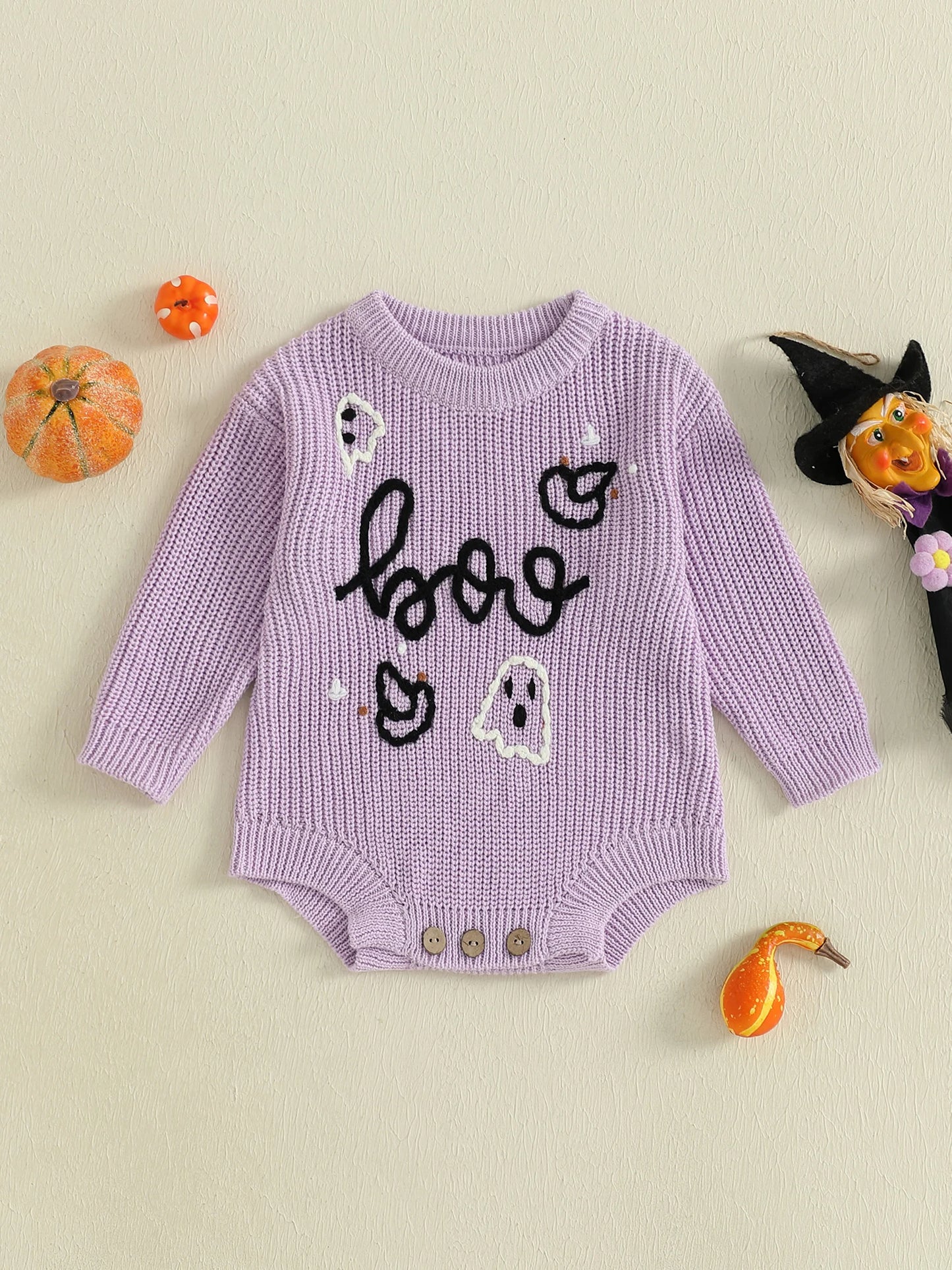 Newborn Baby Halloween Sweater Romper - Ghost Letter Embroidered Long Sleeve Jumpsuit