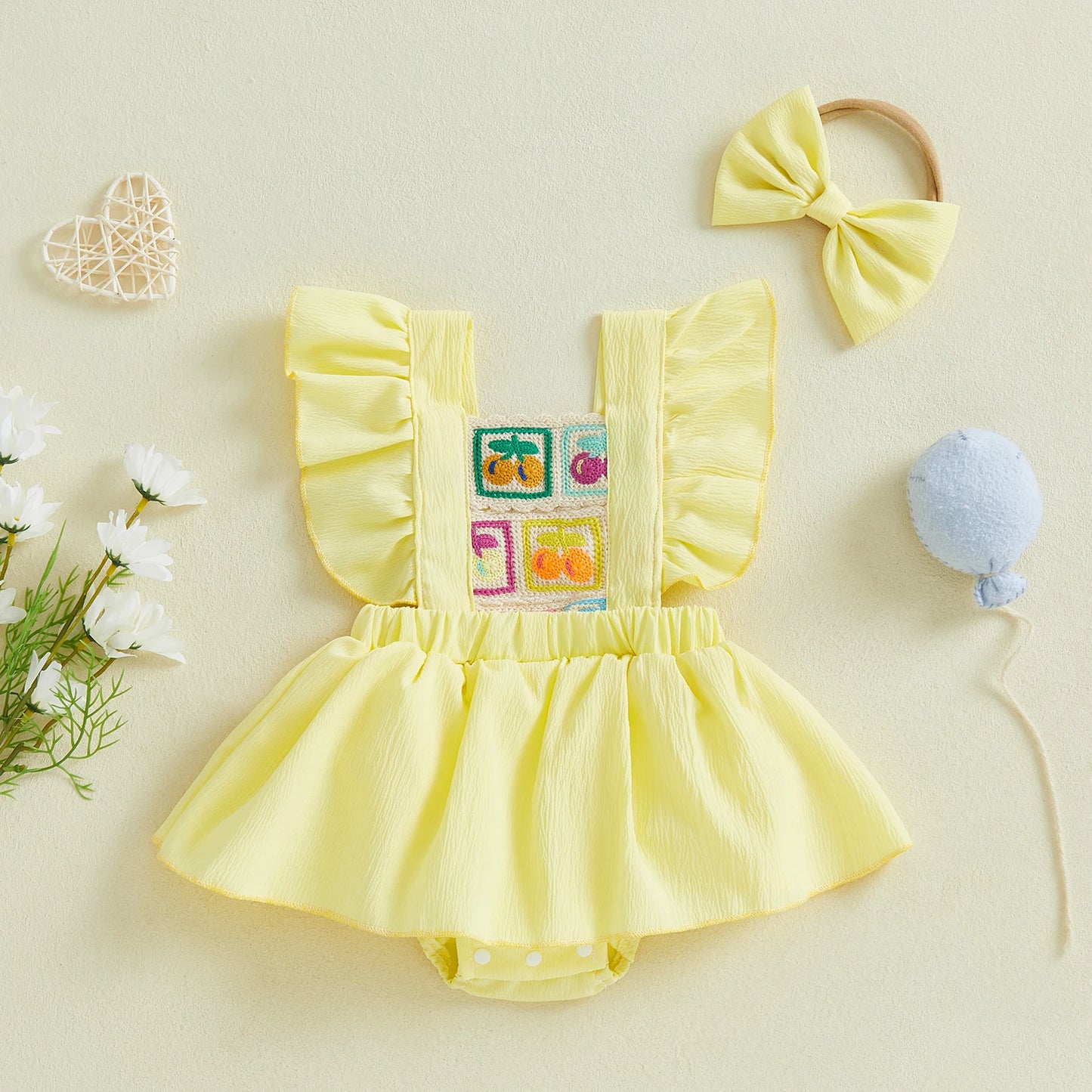 0-18M 2pcs Baby Girls Rompers Dress Cherry Embroidery Ruffles Fly Sleeve Skirt Hem Jumpsuits with Headband