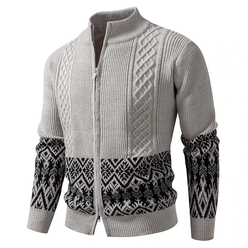 Men's Patchwork Knit Cardigan - Stand Collar Warm Sweatercoat for Autumn Winter