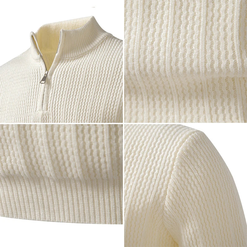 Men's Stand Collar Half-Zip Sweater - Loose Fit Solid Colour Knit Pullover for Autumn Winter