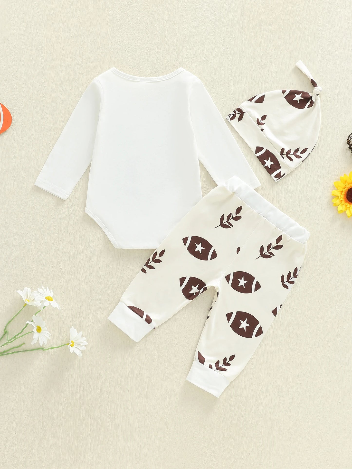 Baby Boys Autumn Winter Clothes Set - Letter Print Long Sleeve Romper, Football Leaf Pants & Hat