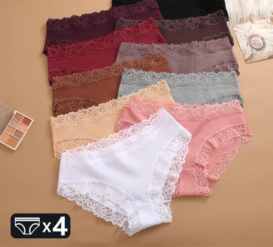 Women's Cotton Ribbed Underwear Set - 4 Pack Lace Floral Low-Waist Briefs
