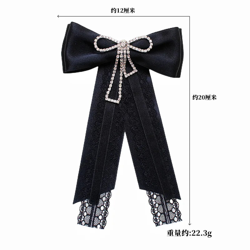Black Fabric Bow Brooch - College Style Crystal Collar Pin