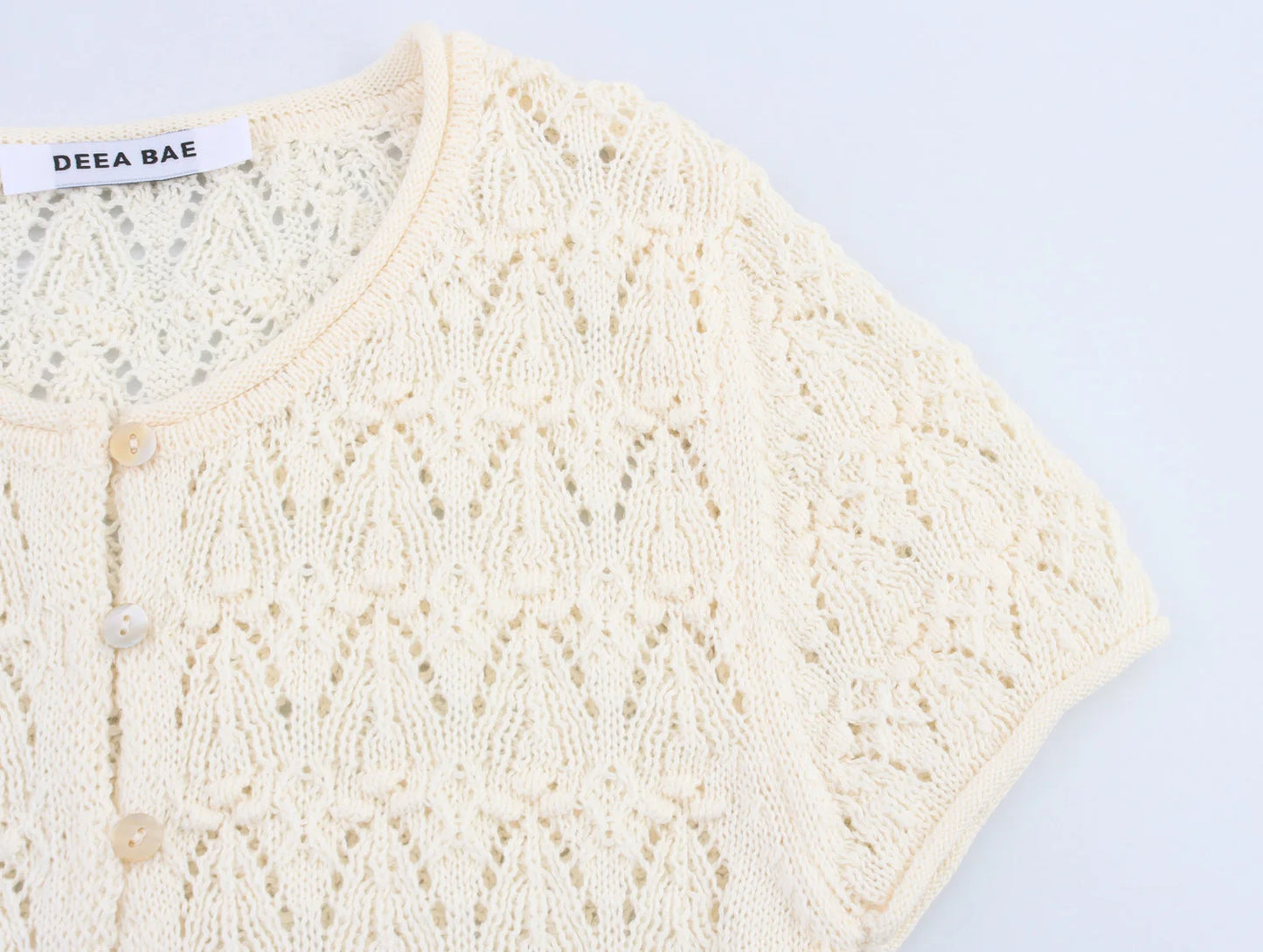 Women's Summer Hollow Embroidery Decoration Splicing Knitted Style Round Neck Short Sleeved Top