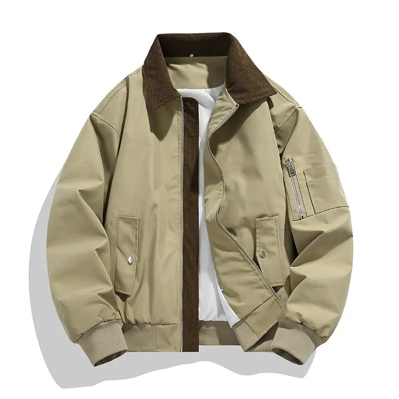 Men's Vintage Cargo Bomber Jacket - Patchwork Turn Down Collar Casual Outerwear