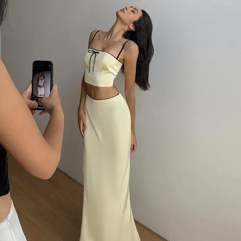 Women's Backless Two Piece Dress Sets Club Outfits Satin Cropped Top and Skirt Matching Set