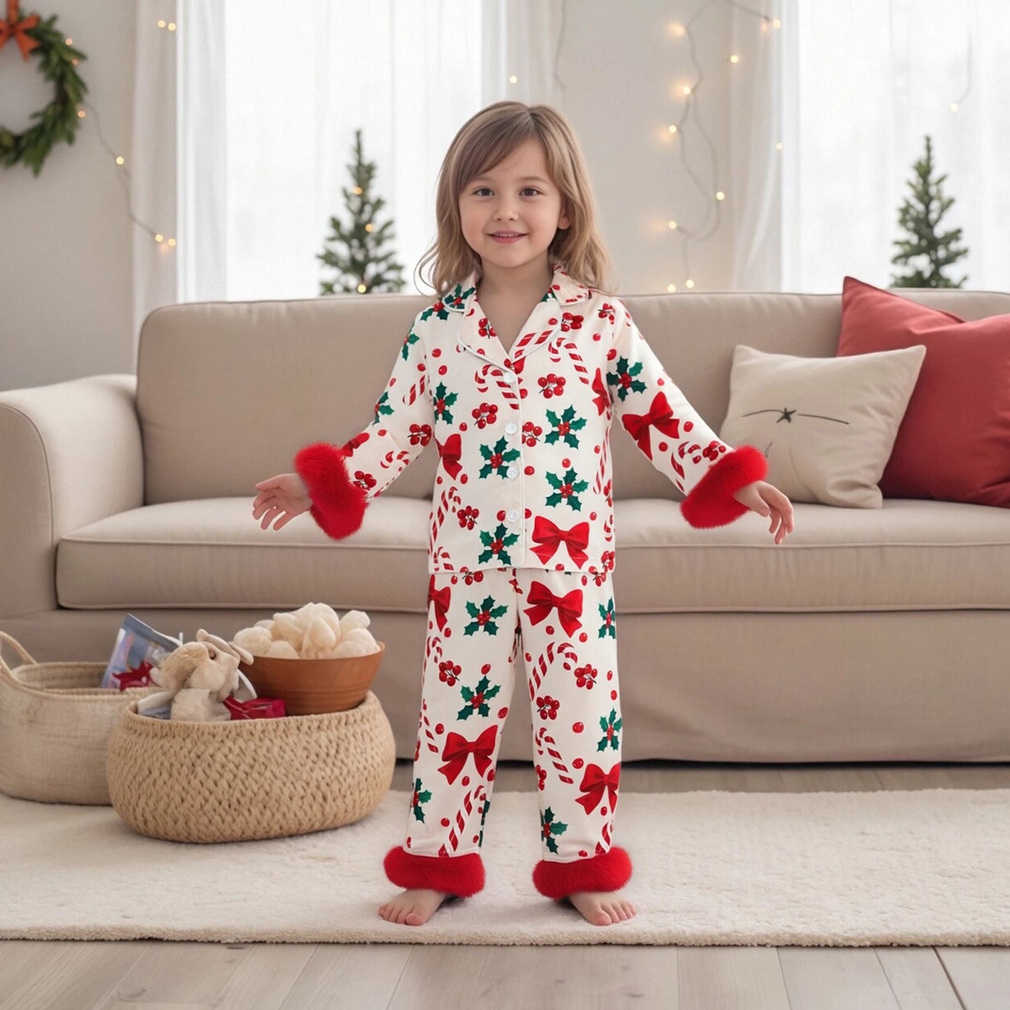 Kids Girls Christmas Satin Pyjamas Set - Candy Cane Bow Print Button Down Top & Pants (0-7Y)