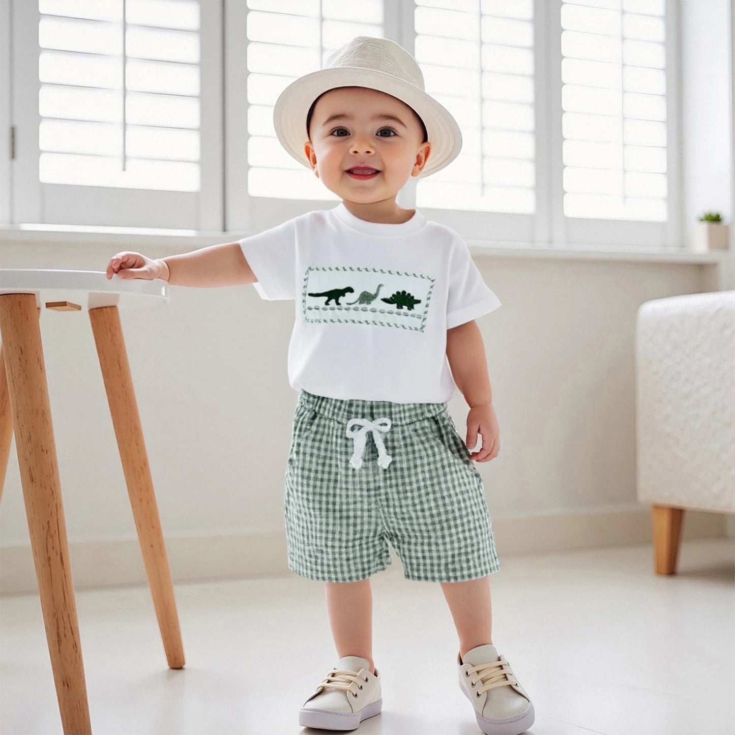 Dinosaur Embroidered T-Shirt & Plaid Shorts Set - Toddler Boys (0-4Y)