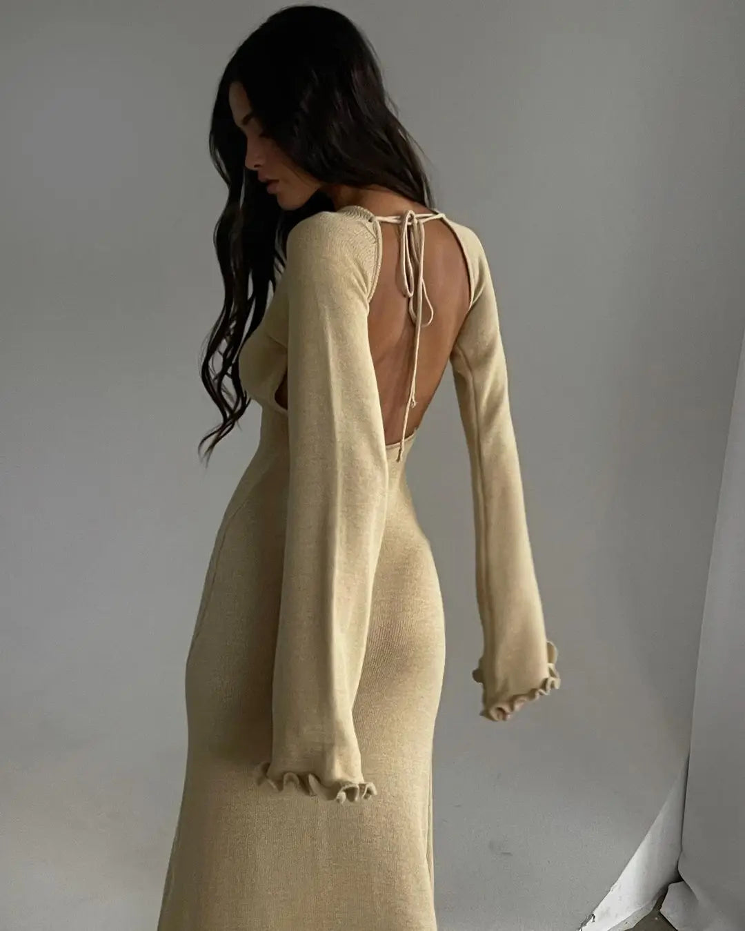 Women's Knitted Sweater Maxi Dress - Flare Sleeve Backless Dress
