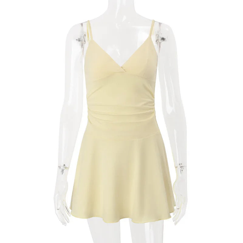 Women's Plunge V Neck Slip Mini Party Club Outfits Backless Yellow A-Line Short Dress