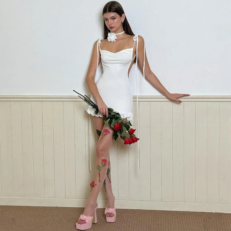 Women's Sleeveless Ruffle Mini Open Back Tie Detail Ruched Bodycon Dress