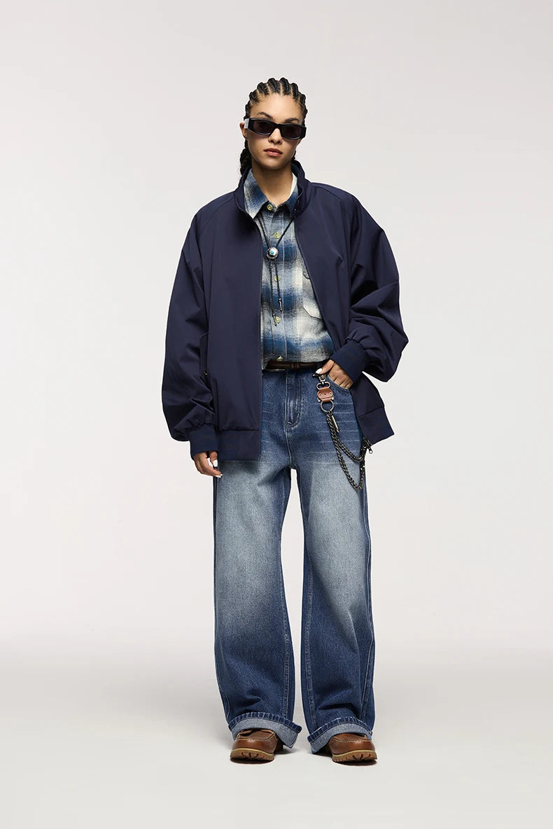 Unisex Retro Washed Jeans Stretch Straight Leg Denim Trousers