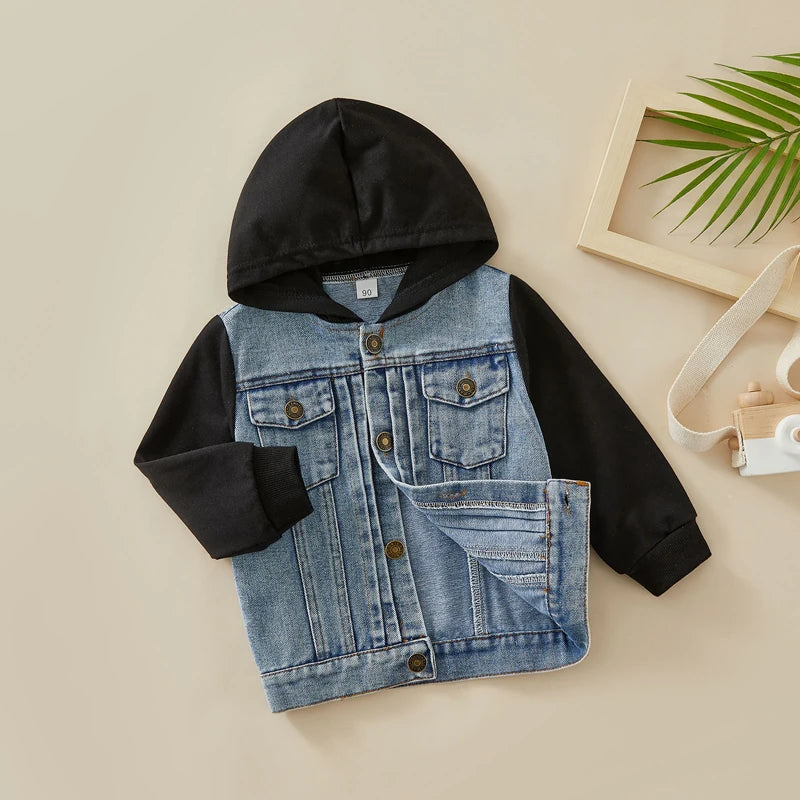 1-6Y Kids Boys Autumn Jacket Outwear Denim Solid /Camouflage Patchwork Hooded Jacket