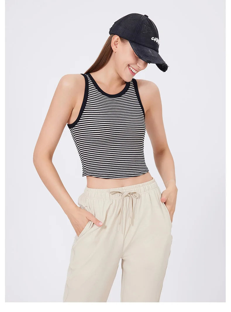 Women's Sleeveless Gym Crop Top Summer Stripes Running Vest With Chest Pads Breathable Quick Dry Sportswear Workout Vest