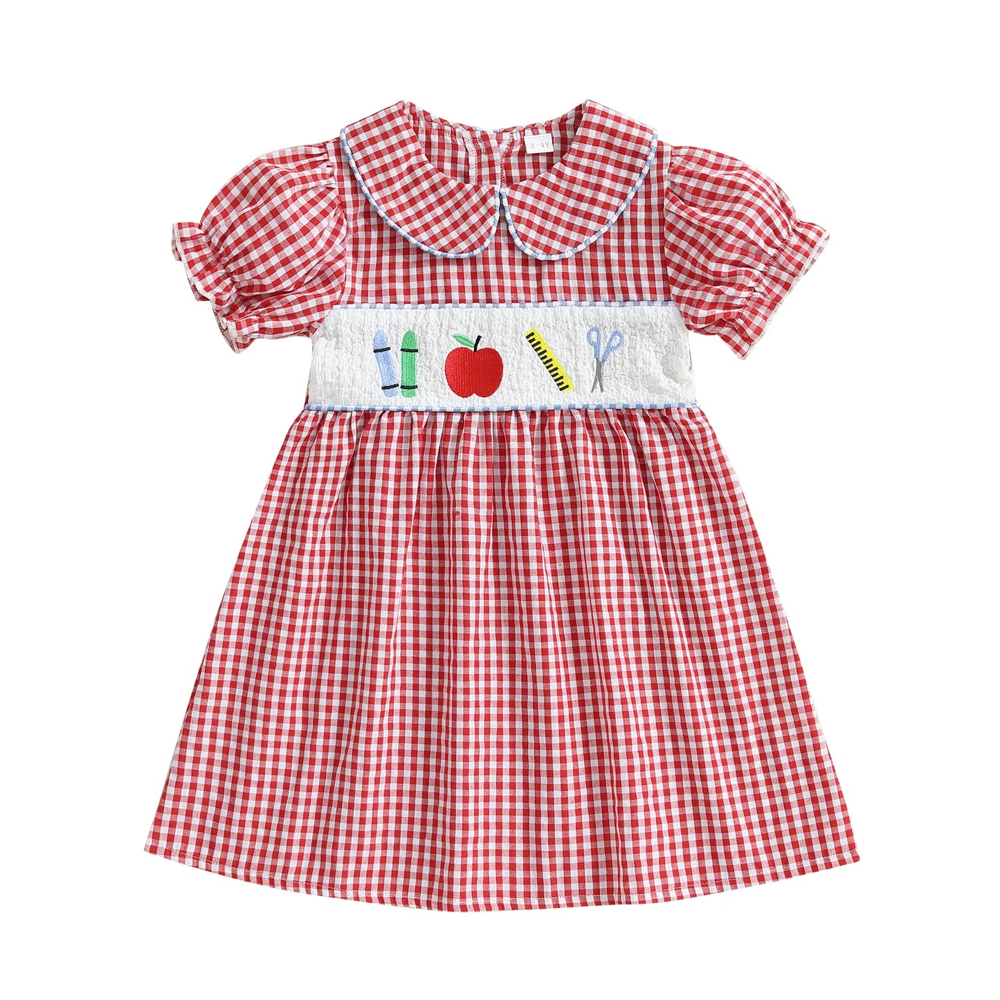 Girl's Back to School Dress - A-Line Embroidered Plaid Doll Collar Bubble Sleeve