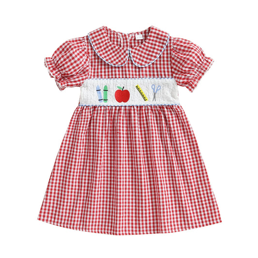 Girl's Back to School Dress - A-Line Embroidered Plaid Doll Collar Bubble Sleeve