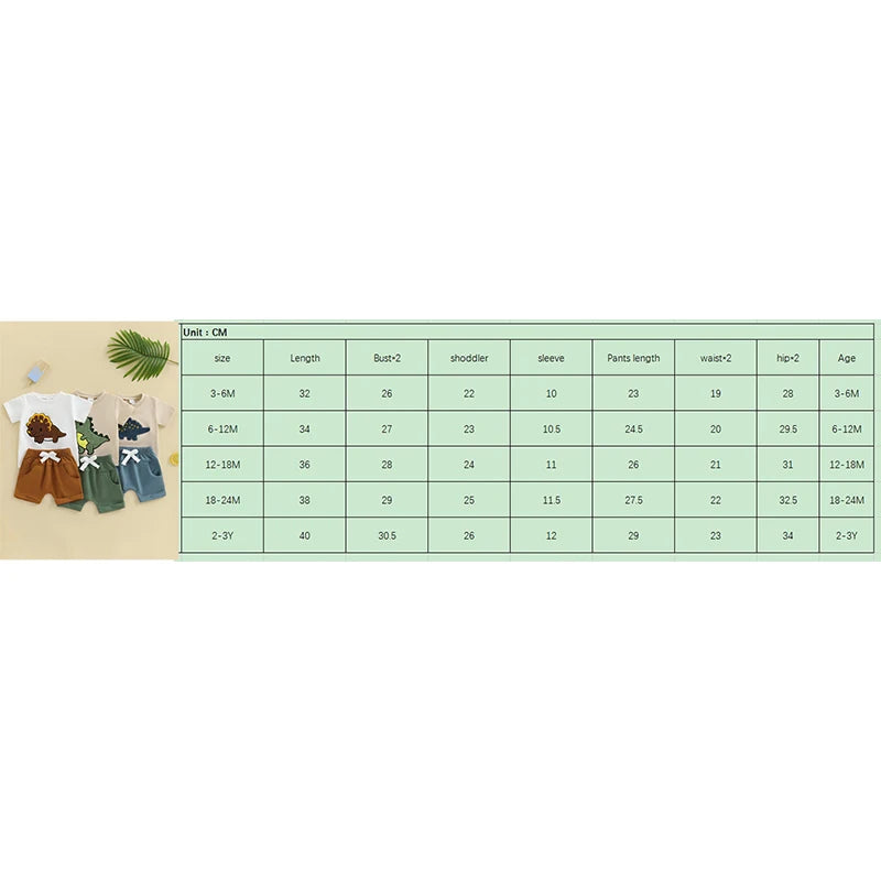 0-3Y Toddler Baby Boys Clothes Set Dinosaur Embroidery Short Sleeve T-shirts Solid Elastic Waist Shorts