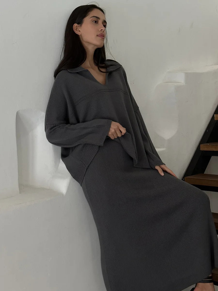 Women's Loose Sweater V-Neck Knit Pullover Top and Long High Waist Skirt 2 Piece Set