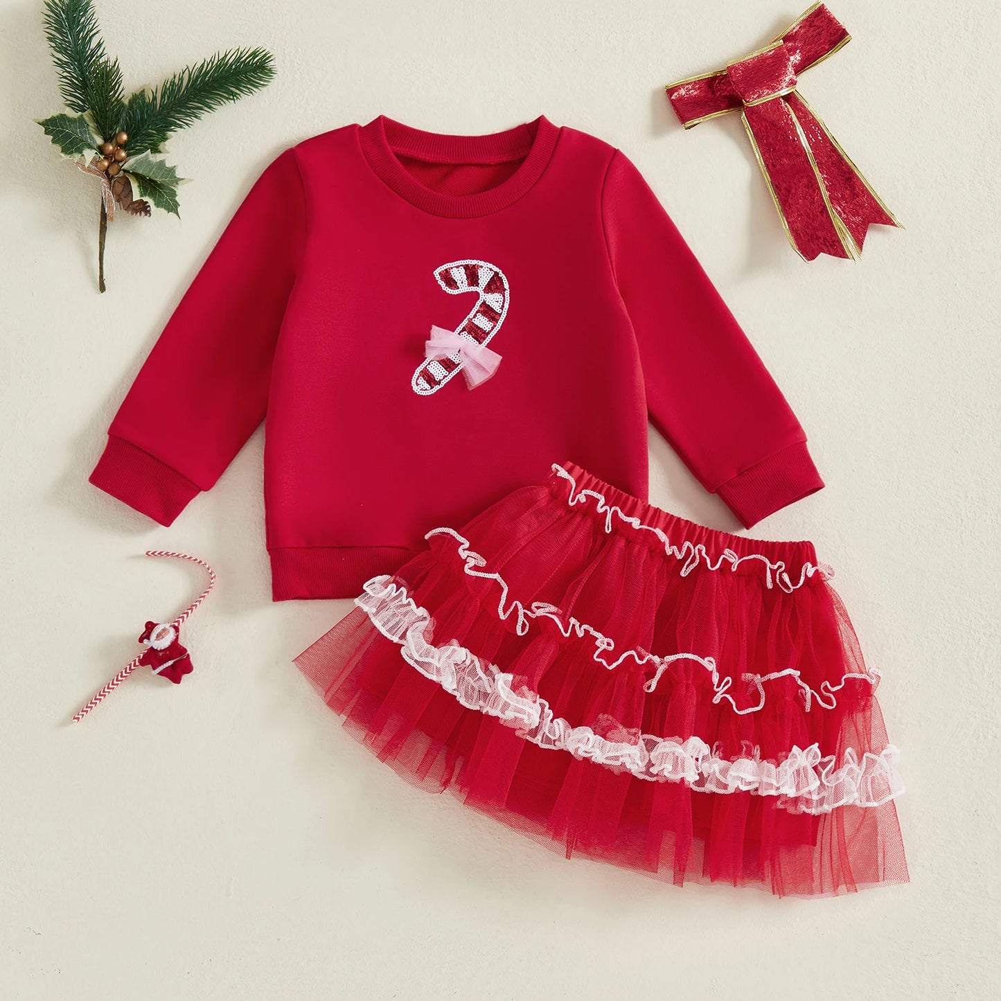 Kids Girls Christmas Outfit Set - Long Sleeve Xmas Embroidery Sweatshirt & Tulle Skirt (0-4Y)
