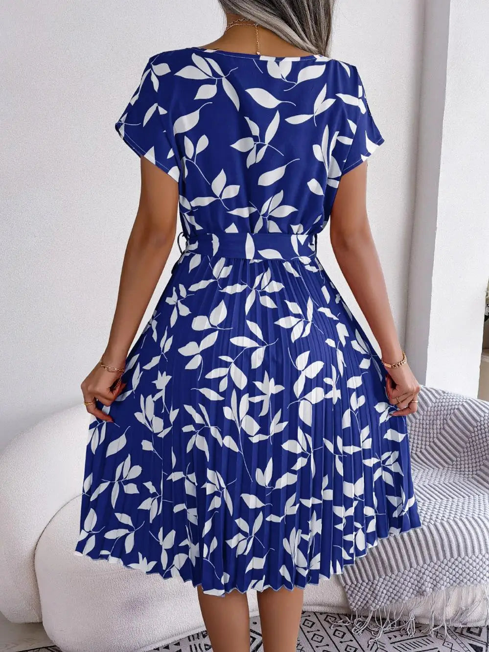 Women's Floral Pleated A Line Long Spring Summer Short Sleeve High Waist Chic Dress