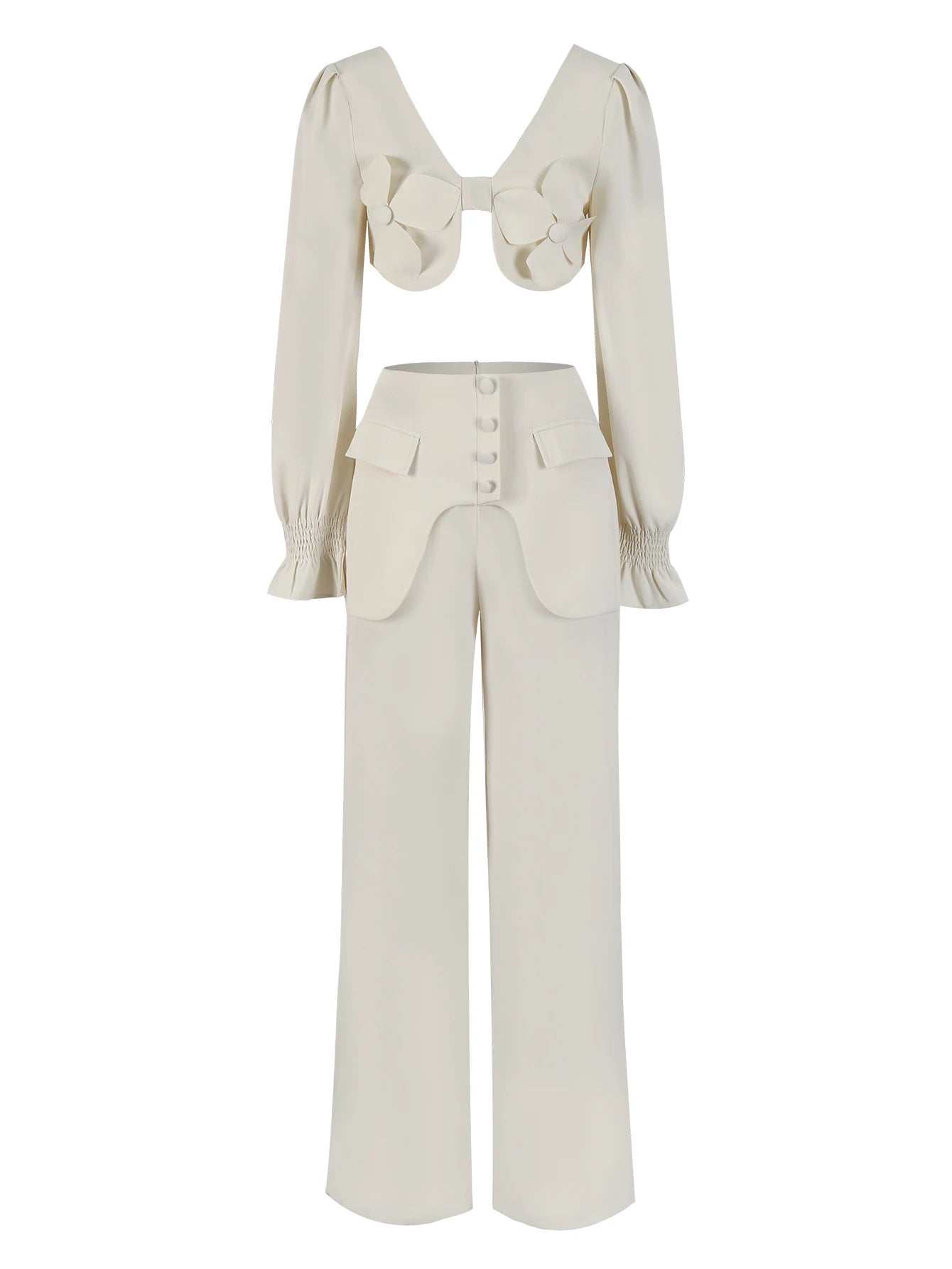 Women's Two Piece Set With Pants Summer Long Sleeve Short Top Wide Leg Pants Set