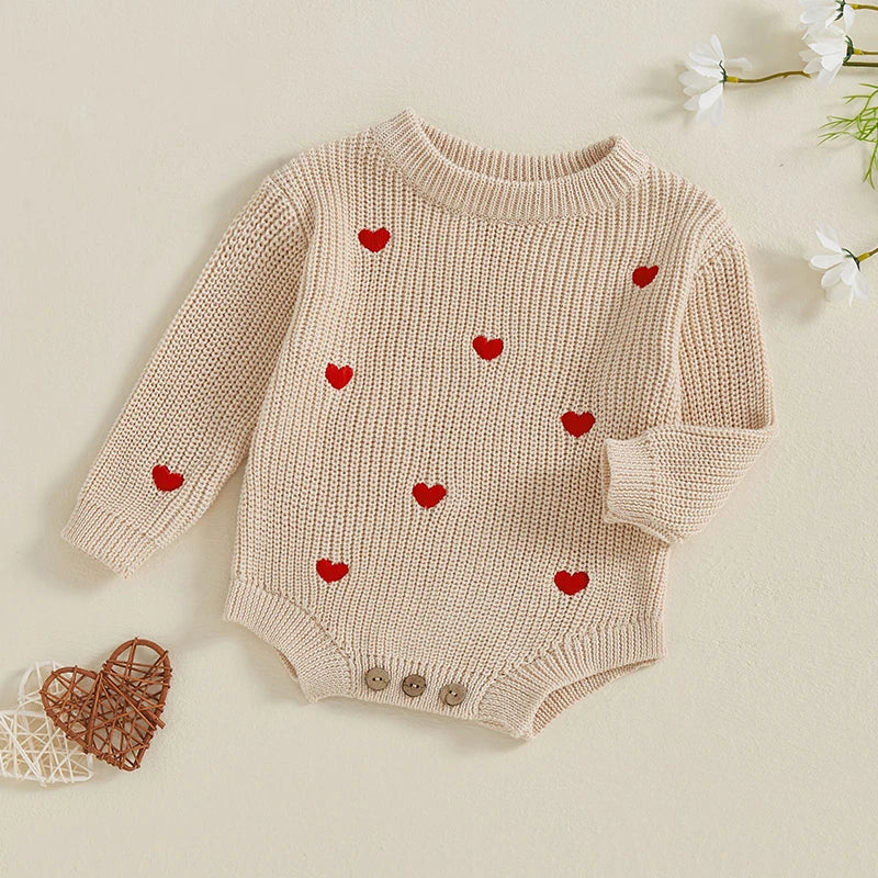 Newborn Baby Girl's Sweater Romper - Heart Knit Long Sleeve Jumpsuit for Valentine's