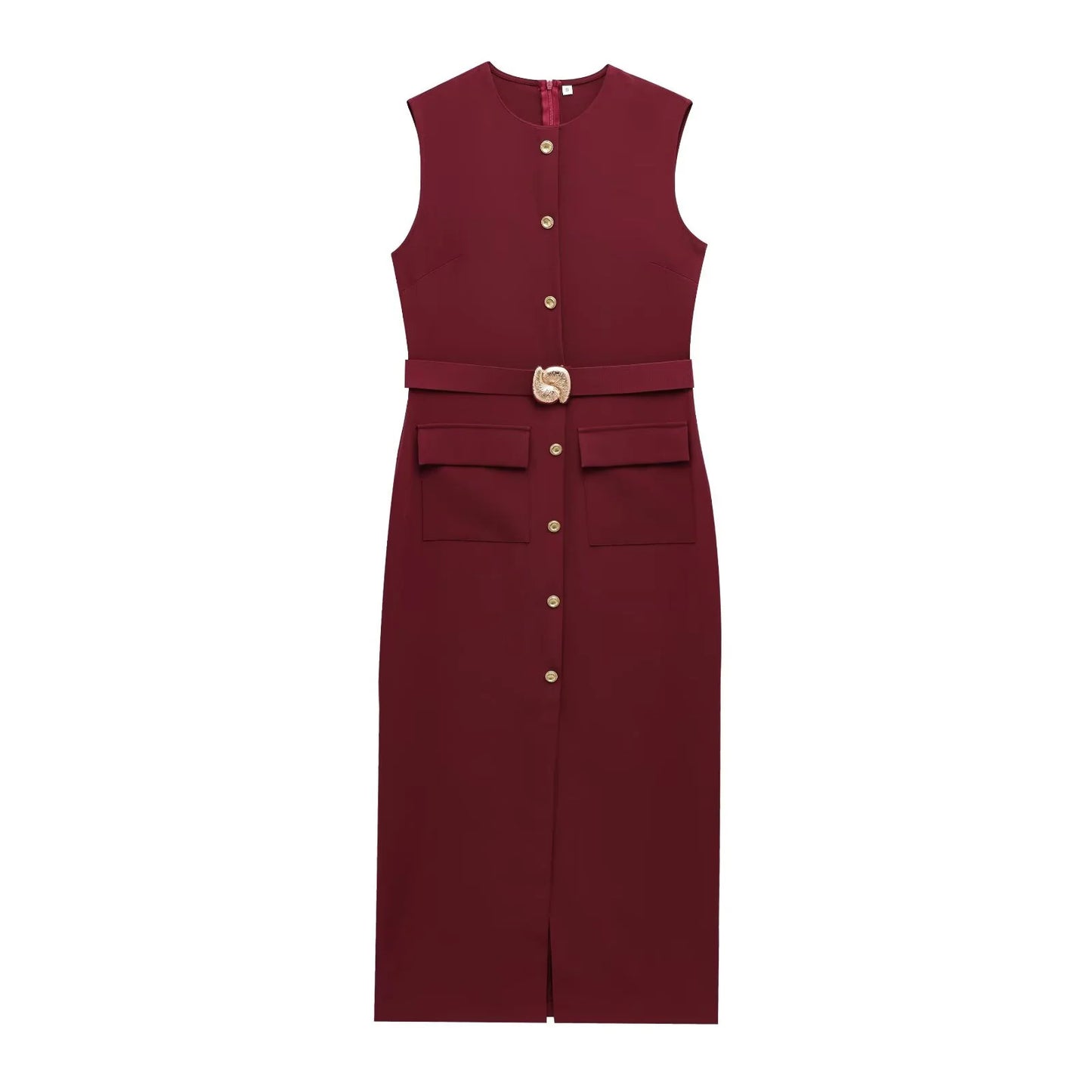 Women's Waist Belt Crepe Sleeveless Round Neck Midi Dress