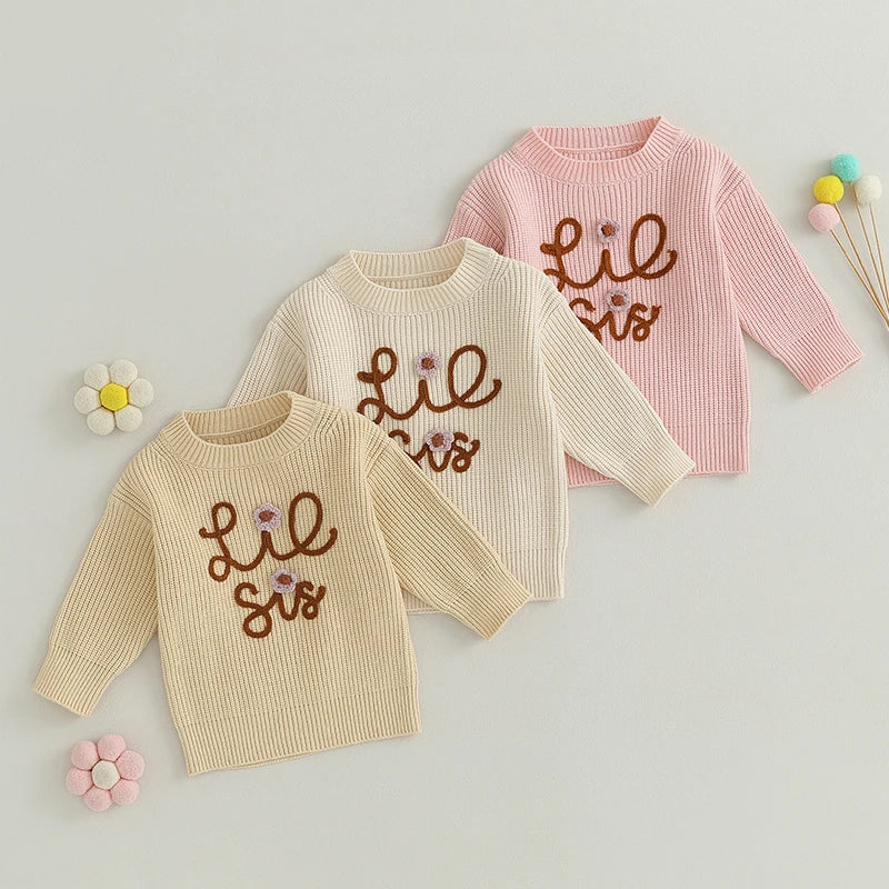 Toddler Girl's Sweater - Letter Embroidery Long Sleeve Crew Neck Pullover