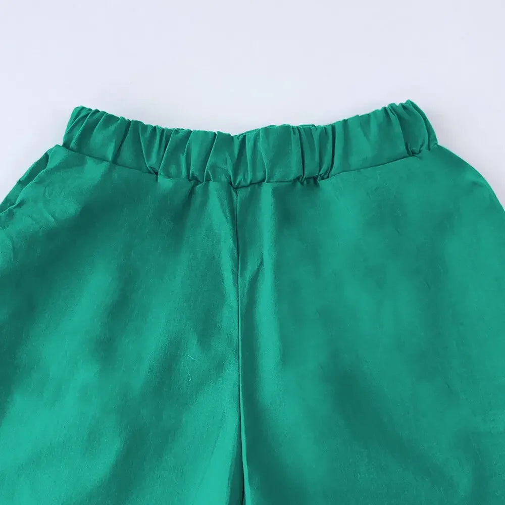Girls Summer Outfit Set - Green Round Neck Top & Shorts