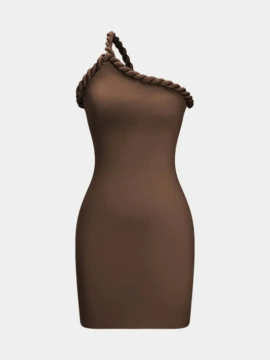 Women's One Shoulder Pleated Braided Backless Mini Dress