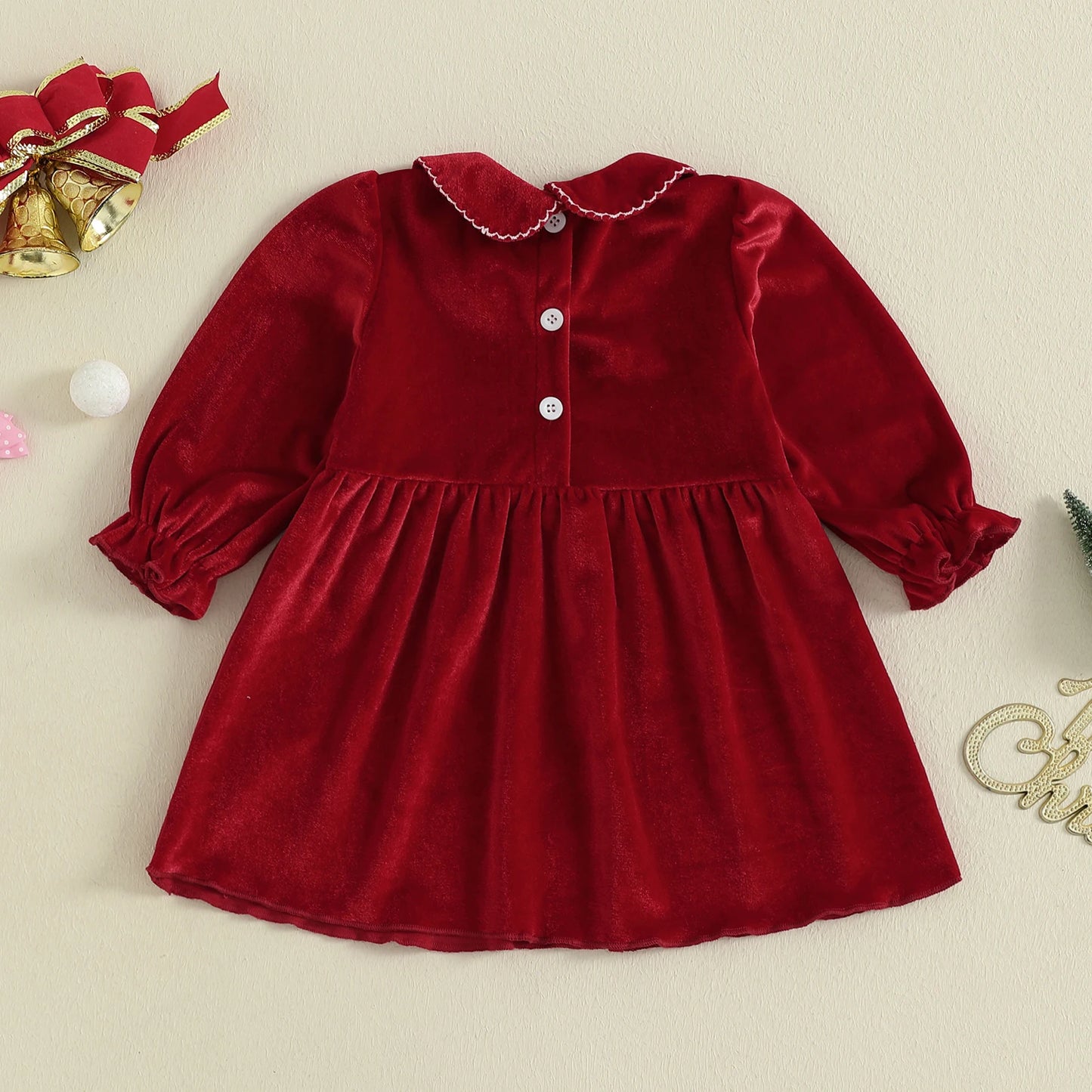 Lovely Kids Girls Christmas Velvet Dress - Xmas Tree Embroidery Doll Collar A-Line (0-4Y)