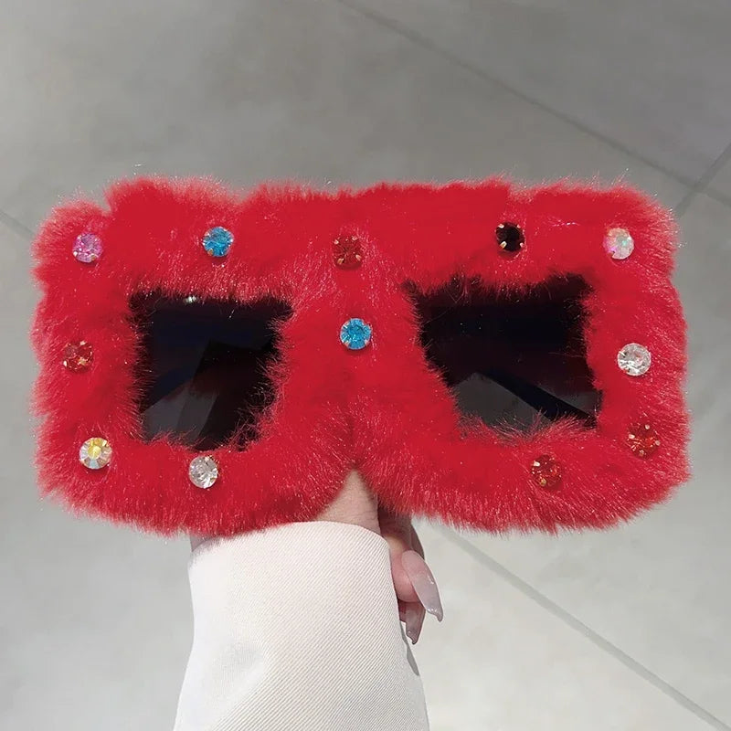Women's Square Furry Sunglasses with Rhinestones