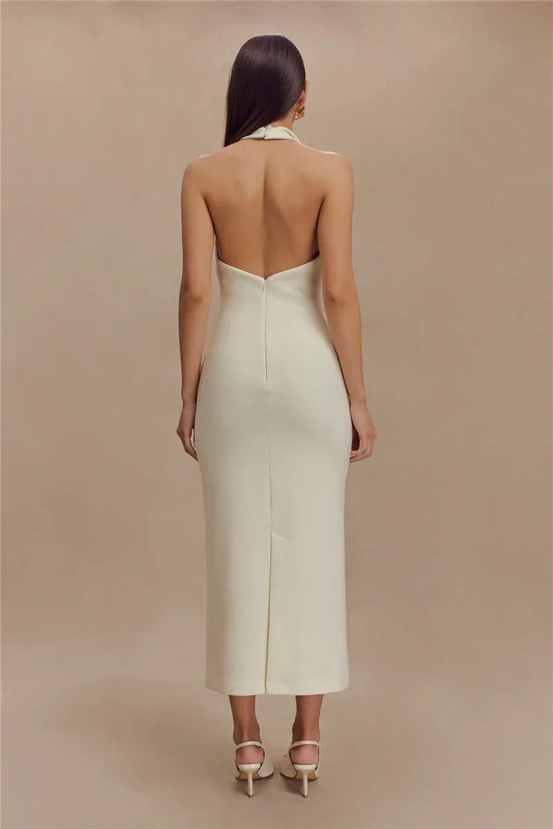 Women's Halter Deep V Neck Sleeveless Maxi Elegant Backless Bodycon Tank Long Dress