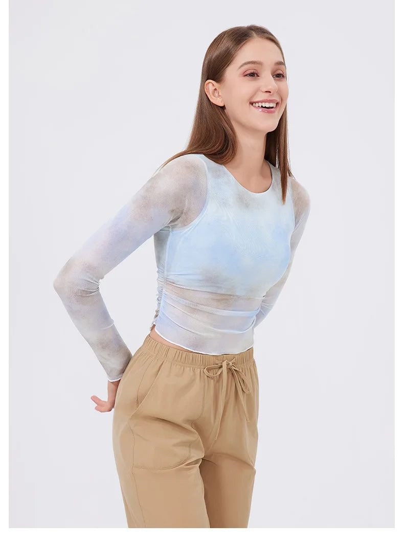 Women's Long Sleeve Yoga Shirt Women Tie-Dye 2 In 1 Gym Crop Top Slim Fit Breathable Running Top With Chest Pads Sportswear