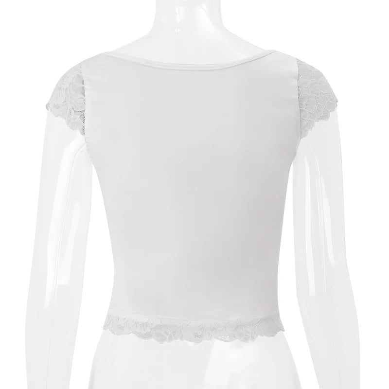 Women's Summer White Lace Trim Top V Neck Cropped Tops Solid Clothes Basic Casual T-shirt