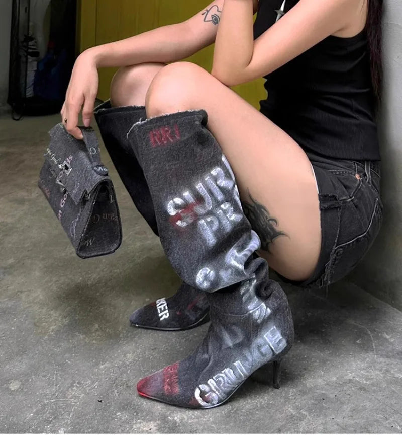Women's 7cm Thin Heel Graffiti Folded Denim Boots