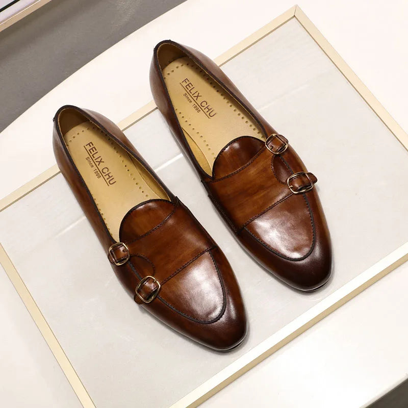 Men's Genuine Leather Loafers Handmade Monk Strap Shoes