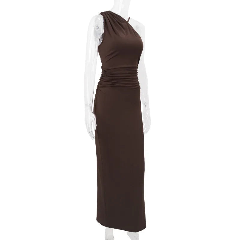 Women's Asymmetrical Backless Maxi Dress - Sleeveless Ruched Party Dress