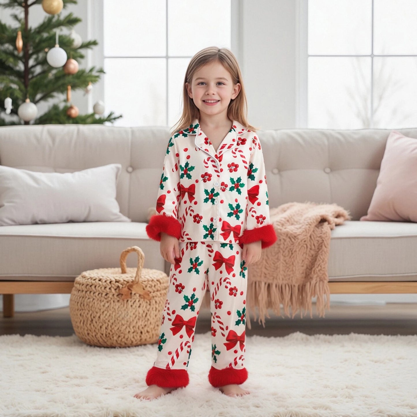 Kids Girls Christmas Satin Pyjamas Set - Candy Cane Bow Print Button Down Top & Pants (0-7Y)
