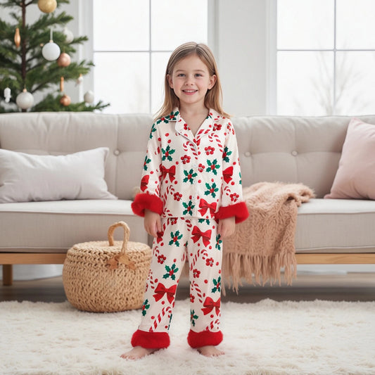 Kids Girls Christmas Satin Pyjamas Set - Candy Cane Bow Print Button Down Top & Pants (0-7Y)