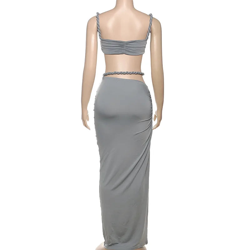 Women's Ruched Bandage 2 Piece Set Backless Decorative Cord Top and Skirt Dress Set