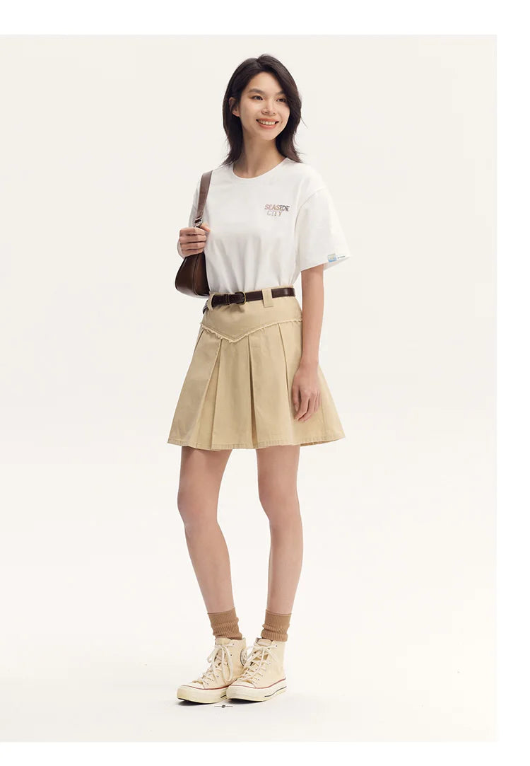 Salt & Sweet Style A-Line Mini Skirt - Summer Edgy Raw Hem Pleated Retro Skirt with Belt